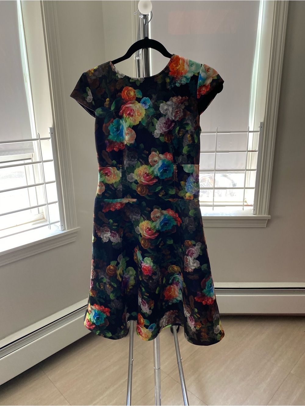 Floral Skater Dress in Black with Multicolor Blooms